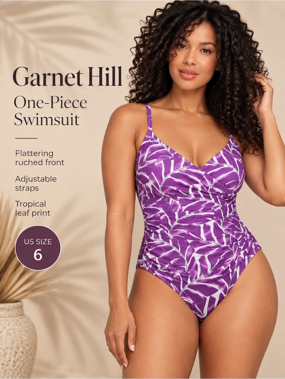 Garnet Hill Purple Tropical Leaf Ruched One Piece Swimsuit Size 6